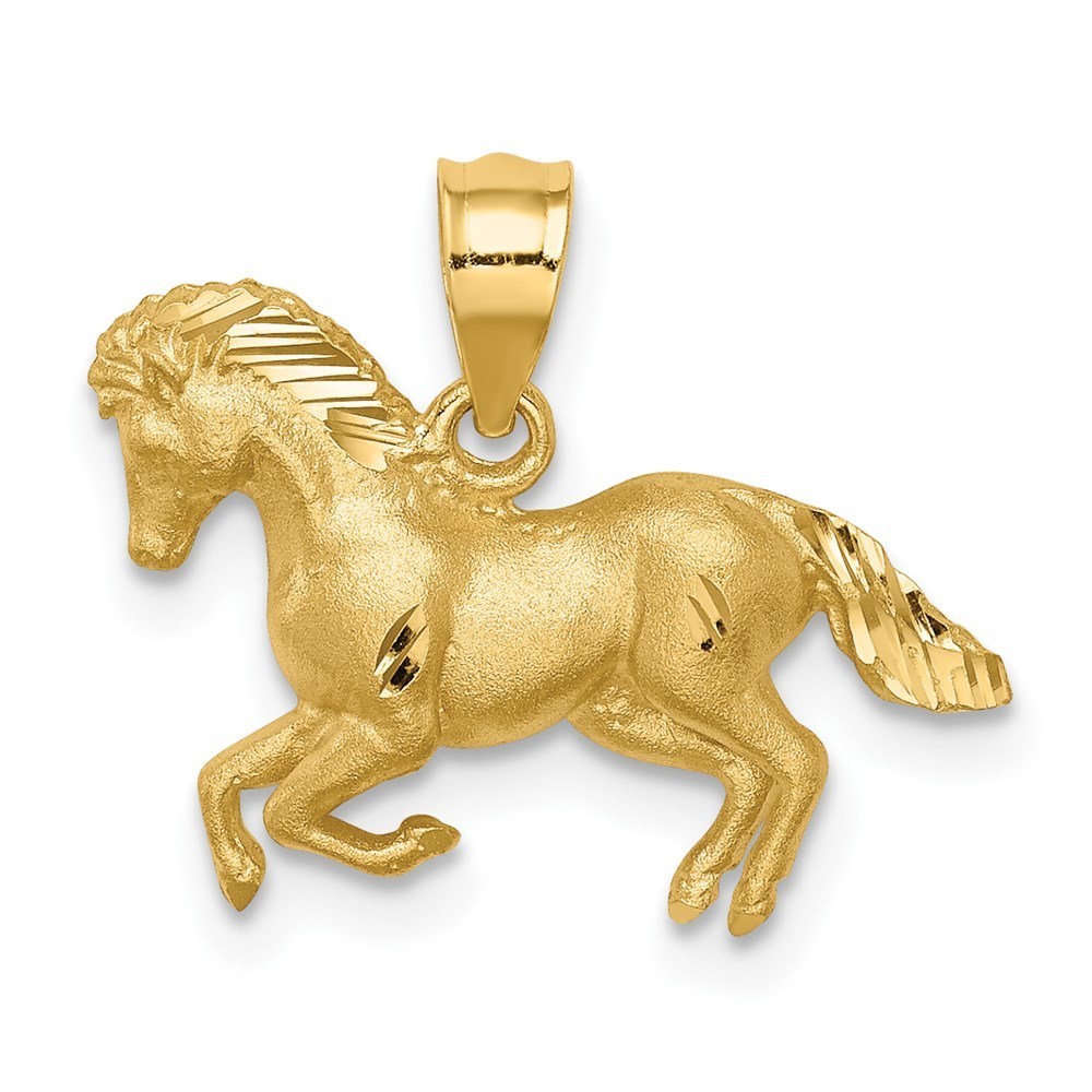 14k Yellow Gold Brushed And Diamond-Cut Equestrian Horse Necklace Charm Pendant